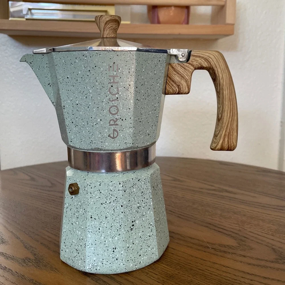 Grosche Milano Moka Pot Stovetop Espresso Maker Mint Green Speckled Wood Handle